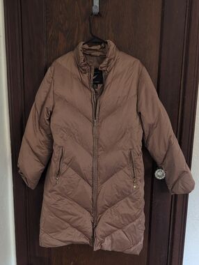 1 Madison Quilted Long Puffer Coat in Brown Down Filled